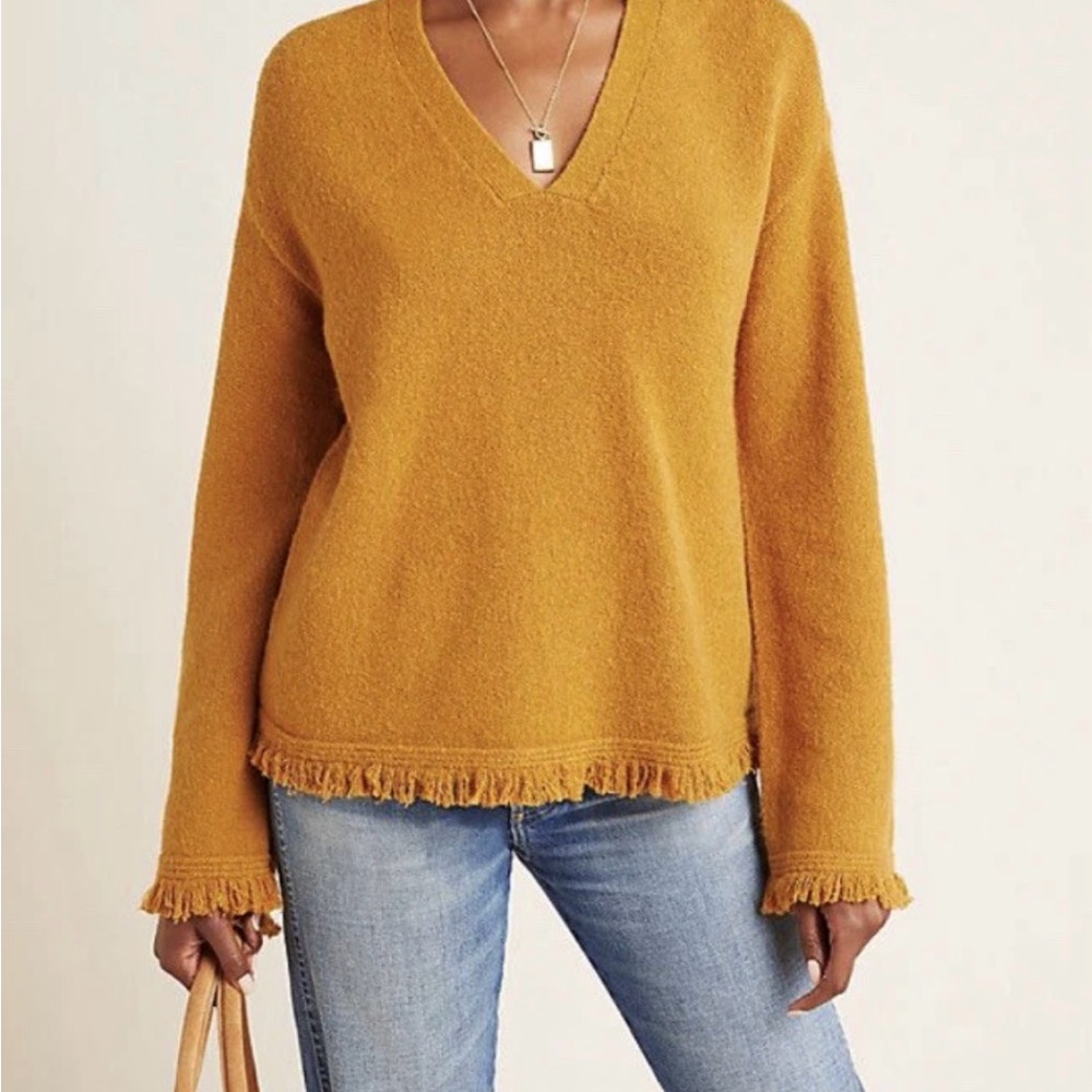 Anthropology Joy Fringe Women's Mustard V-Neck Sweater Size Small